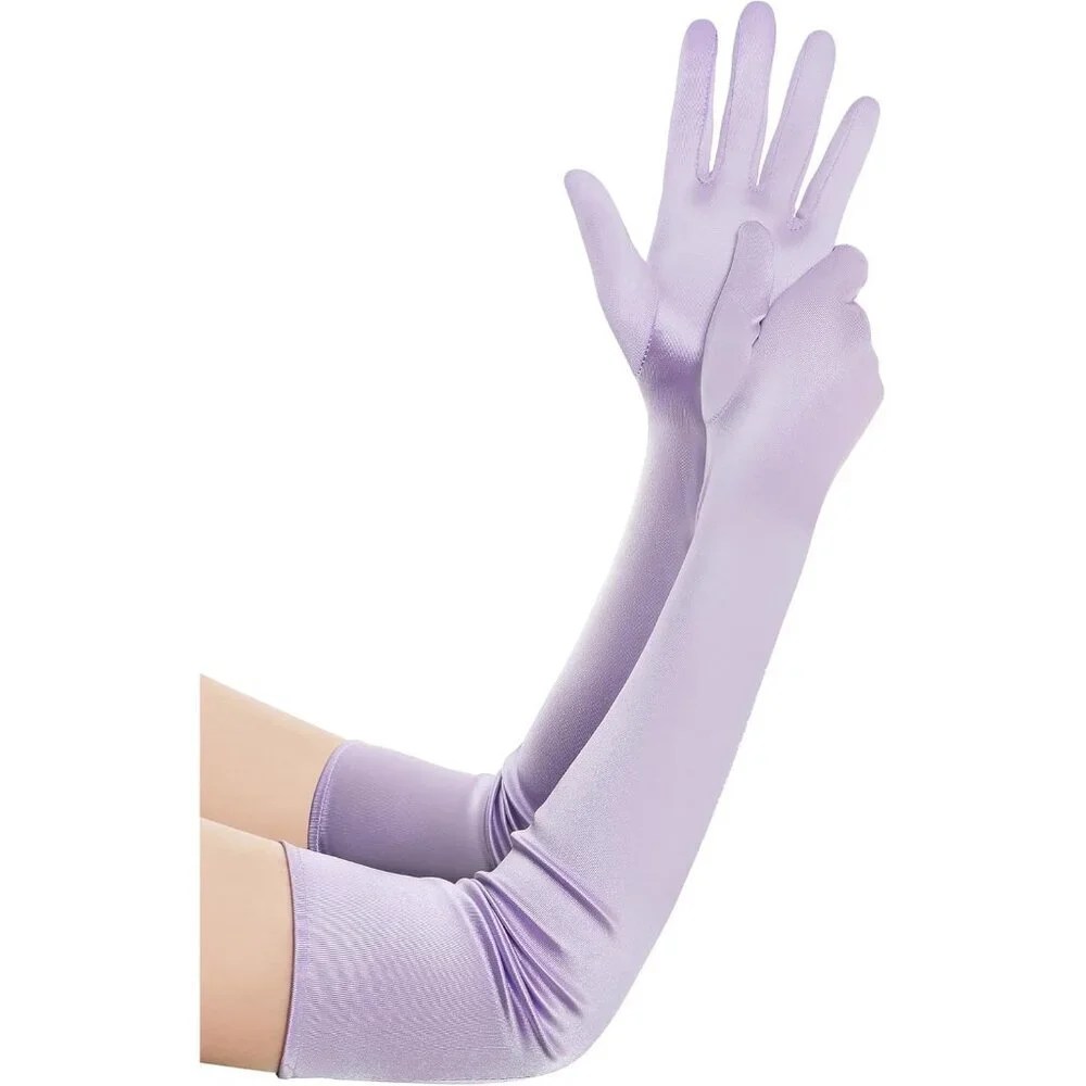 Women's Light Purple Vintage Satin Long Gloves Costume Stretchy Elbow Length